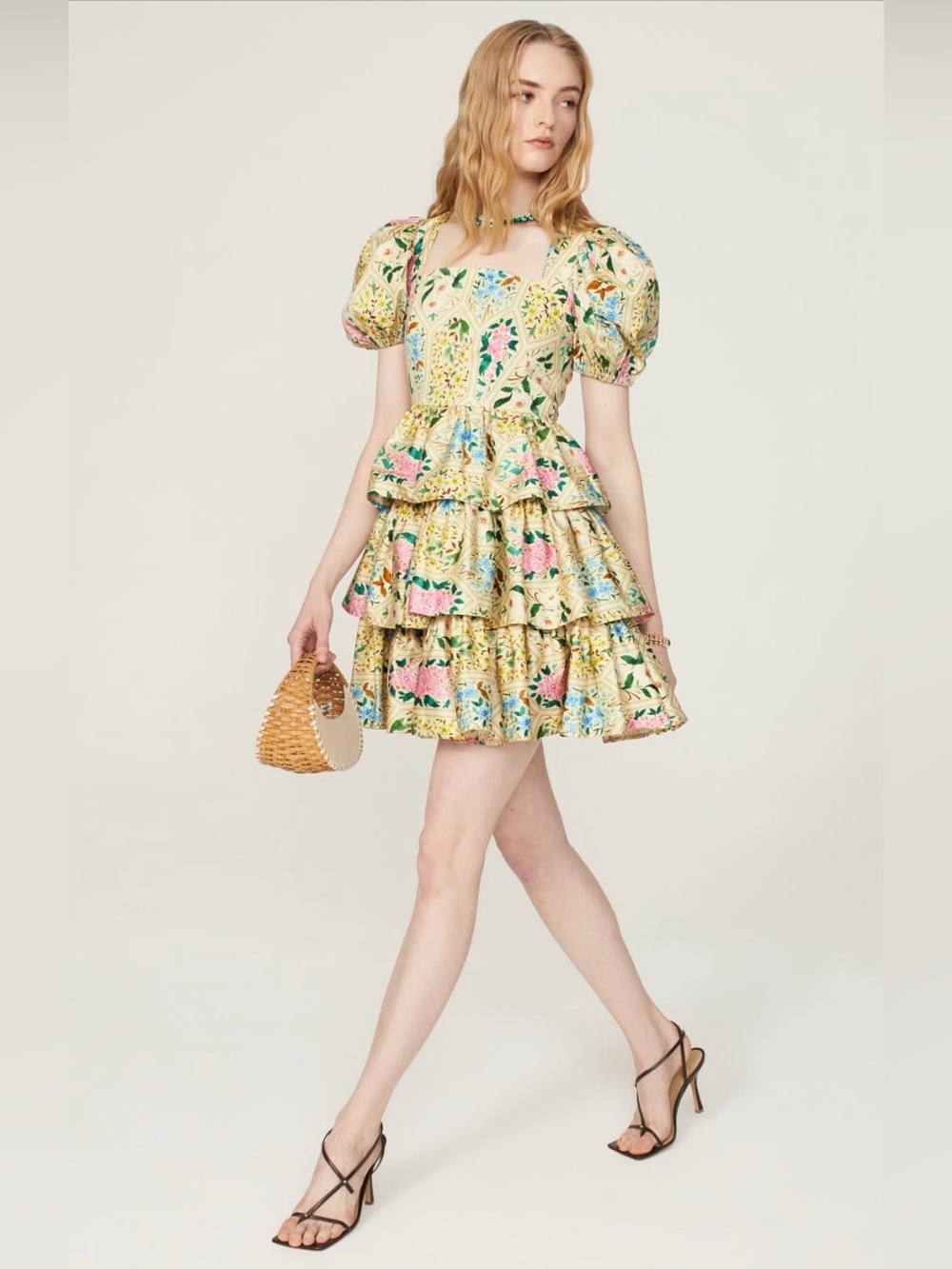 HUNTER BELL~Yellow Floral Puff-Sleeve Tiered Porter Mini Dress~Size 4~$485~